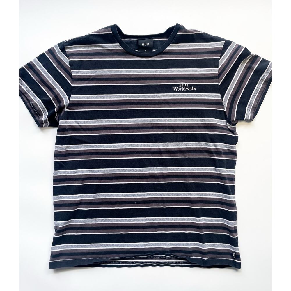 Men's Huf Worldwide Striped Black and Gray Cotton T-Shirt Size L